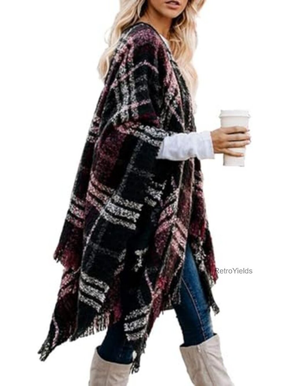Plaid Shawl Wrap Open Front Poncho Tassel Hem Fall Winter Women